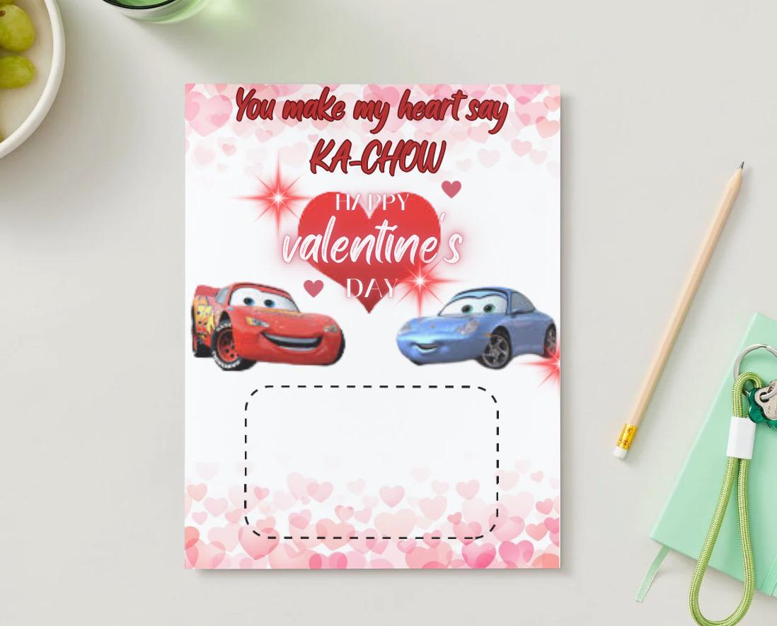 Customizable Jumbo prize  Anime Valentines Day Card lighting McQueen  Themed Pink & Red Color Way TEMPLATE