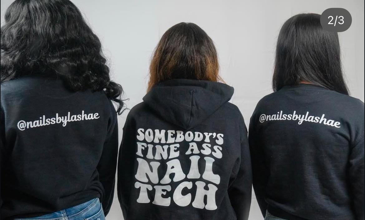 Physical item somebody’s fine ass nail tech sweater with QR code